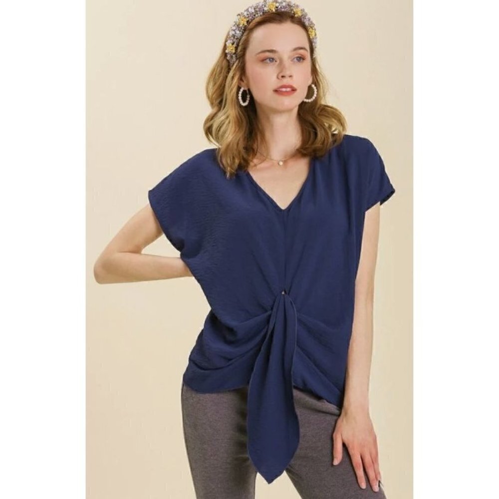 Boutique Alya Navy Blue‎ V-Neck Twist Tie Front Short Sleeve Top M